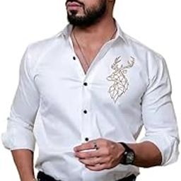 Cotton Full Sleeves Spread Collar Regular Fit Golden Deer Embroidery Shirt for Men Luxury Shirt-image-2