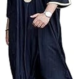 Men Dress Embroidery Long Gown Thobe Robe Short Sleeve Sleepwear Nightshirt-image-34