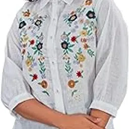 kesudi Women's Linen Floral Embroidered Tunic Top with Spread Collared Full Sleeves Short Length and Button Closure-picture-46
