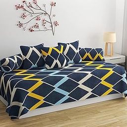 IVAZA 160 TC Diwan Set Glace Cotton 6 Pcs | Deewan Printed Bedsheet Set for Living Room Hall (1-Bed Sheet 60 x90 Inch | 2-Bolster Cover 16x32 Inch | 3 Cushion Cover 16x16 Inch) Blue Yellow-image-13
