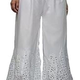 Chikankari Regular Fit Georgette Flared Mirror Work Sharara Palazzo for Women, Free Size (fits 28-38 inch Waist), Color - White-image-98