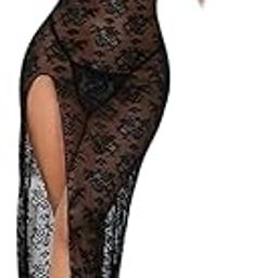 LUXZII Women's Sexy Lace Nightwear Dress with High Slit – Long Lingerie Gown & Panty Set – Women Sexy Sleepwear Dress (Black)-picture-28