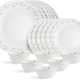 Cello Opalware Dazzle Series Tropical Lagoon Dinner Set, 18 Units | Light-Weight, Daily Use Crockery Set for Dining | White Plate and Bowl Set-134