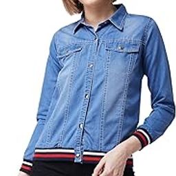 Women's Blue Polo Neck Full Sleeves Solid Buttoned Rib Detailing Denim Bomber Jacket-image-91
