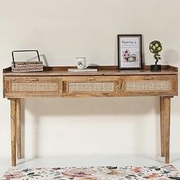 Rustic Wooden Console Table with 3 Cane Drawers, Solid Mango Wood, Natural Finish-image-30