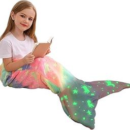 SNOWIE SOFT® Mermiad Tail Blanket for Kids, Flannel Cartoon Soft Blanket Glow in The Dark Kids Blanket Dreamy Travel Blanket Fish Tail Mermaid Blanket for Girls -Birthday Gift for Girls Kids-17