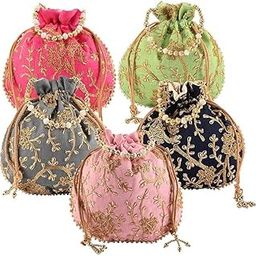 Potli | Jute Handbags for women | Embroidered Women Potli Bag | Traditional Indian Goody Bags | Drawstring Bags for Wedding | Pack of 5 | Multicolor-3