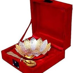 R Ayurveda Copper Silver and Gold Plated Metal Bowl Set with Spoon in Floral Pattern Best Wedding Return Gift. in Velvet Gift Box.Birthday Home Decor housewaring Baby Shower Gift-image-8