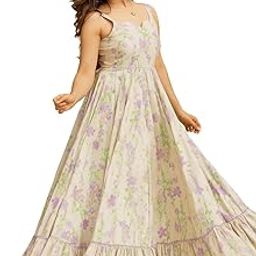 Women's Rayon Fit & Flare Floral Maxi Dress with Inner | Summer Casual Gown (Purple White)-image-65
