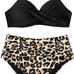 Womens High Waisted Bikini Sets Tummy Control Bathing Suit Two Piece Color Block Swimsuit-image-4