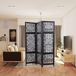 AB Craft 3-Panel Room Divider Screen, Geometric Pattern, Black Wood Frame, Modern Privacy Partition-image-77