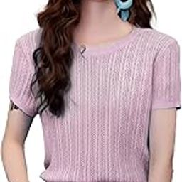 Women's Ribbed Knitted Short-Sleeve Crew Neck Hollow Out Self Design Crop Top T-Shirt DN2525-image-3