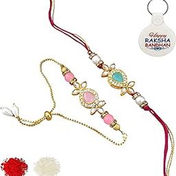 Elegant Gold Plated AD Stones & Beads Preety Pink and Green Bhaiya Bhabhi Rakhi Set with Roli Chawal, Greeting Card and and One Motivational Keychain (J4SK)-image-81