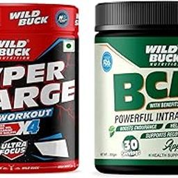 WILD BUCK Hyper Charge Pre-X4 Hardcore Pre-Workout Supplement Powder with Creatine Monohydrate, Arginine AAKG, Beta-Alanine, Caffeinated Punch -For Men & Women [40 Serv, Sour Gummies] + Wild Buck BCAA Powder with Natural & Powerful Herbs for Muscle Endurance, Muscle Growth, Recovery & Hydration | Pre, Intra & Post Workout BCAAs Supplement for Women & Men [Apple Berry, 30 Servings, 300g]-3