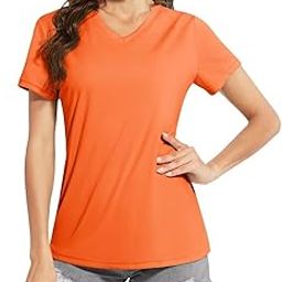 Women's Rash Guard Short Sleeve V Neck UPF 50+ Sun Protection Clothing Quick Dry UV SPF Swim Shirts, Orange, L-image-51
