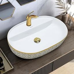 Plantex Oval Washbasin/Countertop Sink for Bathroom/Tabletop Wash Basin for Restaurant/Hotel/Hotel (24x16.5x5 Inch - White & Gold)-30