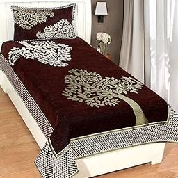 Fresh From Loom Chenille Floral 500 TC Heavy Bedsheet for Single Bed Size - 60 x 90 inch Coffee Color with 1 Pillow Cover-image-31