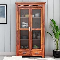 Solid Wooden Crockery Cabinet for Kitchen & Dining Room |sheesham Wood Free Standing Movable Tv Unit Side Board Crockery Cabinet with Drawers & Door (Modern-01-Honey)-11