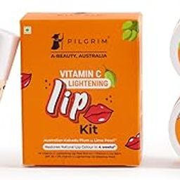 Pilgrim Vitamin C Lip Lightening Kit For Dark Lips With Australian Kakadu Plum&Lime Pearl|Lip Care Kit For Dark,Dry&Chapped Lips With Lip Peel Roll On,Lip Sleeping Mask&Lip Balm,Pack Of 1,Orange-19