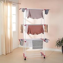 Amazon Brand - Solimo Plastic 3 Layer Cloth Drying Stand with Shoe Drying Section | Dimensions: 110 * 46 * 179 Cm (White and Pink)-picture-24