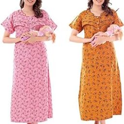 Feeding Combo of 2 Pieces Each Nighty with Buttons on Neck for Comfortable Wearing and Zips on Front Side for Feeding Purpose in Mix Cotton Fabric in Latest Prints (Free Size) Pack of 2-24