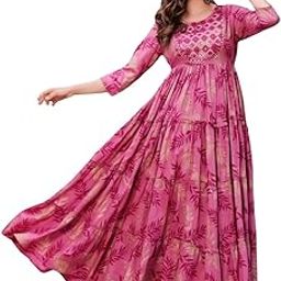 Women's Floral Print Maxi Dress, Pink, 3/4 Sleeve, Tiered Design with Embellished Yoke-image-3