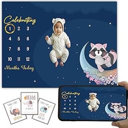 Hoolloomooloo Baby Monthly Milestone Blanket | Starry Night Raccoon Design | 1-12 Months | Soft Blanket | Includes Golden Ring & 15 Milestone Cards | Growth Tracker & Photoshoot Prop | 120x90 cm-image-4