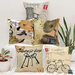 STITCHNEST Vintage Printed Jute Cushion Covers, Set of 5 (16 X 16 Inches)-image-2