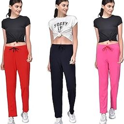 Women's Cotton Solid Pyjama/Track Pants, Black and Pink and Red Color(Combo Pack of 3)-image-84