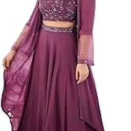 Women's Embroidered Western Drape Lehenga Choli Set, Chinon Silk, Purple, Fully Stitched-23