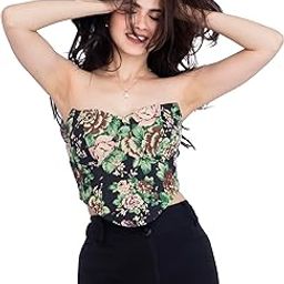 Floral Strapless Top for Women | Regular Fit Corset Style | Cotton Jacquard Sleeveless Western Top with Ribbon Tie & Built-In Cups | Stylish Clubwear & Casual Fashion-picture-17