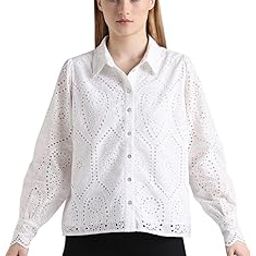 Women's White Eyelet Lace Button-Down Shirt Long Sleeve Collared Blouse with Floral Pattern Schiffli Shirt Cotton Embroidered-image-43