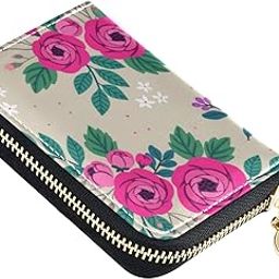 Vintage Floral Pink Rose RFID Credit Card Wallet, Microfiber Leather Zipper Card Case Holder for Women-image-100