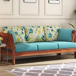 RATANDHARA FURNITURE Solid Sheesham Wood Wooden 3 Seater Sofa for Living Room - Sofa with Floral Cushions Seat - Elegance and Comfort Combined Design 3 (Honey Finish)-11