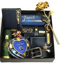 Atrum Shutrum Customized Mens Gift Hamper Set with Water Bottle, Passport Cover, Pen, Men Wallet, Sunglasses Cover, Keychain, Men Deodorant, Golden Rose, Chocolates Combo with Belt-image-17