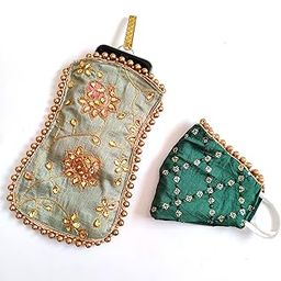 CrushTap Women's Green Embroidered Mobile Phone Pouch With Sari Hook and Mask-image-13