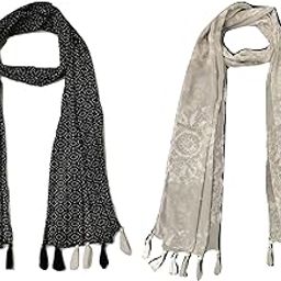 ™ Women's Printed Chiffon Multicolored Scarf and Stoles with Tassels - Set of 2 (ST146)-image-6
