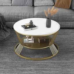 LIVINGLOOM Coffee Tables Sofa Side Table Round Hall Table Metal Frame Center Table Tea Table Round Coffee Tables with Open Storage Compartment for Living Room (Golden White)-image-105