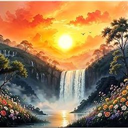 ArtX Canvas Rising Sun Painting For Vastu, Big Size Wall Art Scenery, Water Stream, Waterfall Painting Vastu, Rising Sun Wall Decor, Multicolor, Nature, 58.0 X 45.0 cm, Set of 1-image-27
