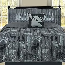 Home Sweet Home Rustic Mountain Lodge King Quilt Bedding Set Cabin Woods Moose Bear, Black and Grey-image-30