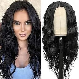 AHS Women Curly Middle Part Full Head wig | Synthetic Full Head Hair Wig | Wavy Artificial Mid Part| Natural Looking Wig for Party, Wedding, Anniversary with Net Wig Cap (Black, Length 24")-image-35