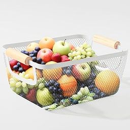 Kuber Industries Metal Mesh Grid Food Basket for Travelling with Wooden Handle | Fruit & Vegetable Storage Rectangle Wire Basket with Handle | Milk Metal Basket for Main Door | White-LZ04B-L-22