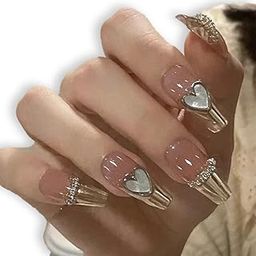 ARROFEEL 3D Glossy Press on Nails French Tip with Diamond on the top Fake Nails Medium False Nails Artificial Nail Extensions for Women & Girl Ideal for any Functions (HY341)-49