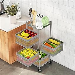 Kuber Industries Metal Square Mesh Rotating 4 Tier Onion Potato Rack for Kitchen | Kitchen Storage Rack for Home | Suitable Vegetable Basket Stand/Aloo Pyaz Trolley with Wheels | Silver-7