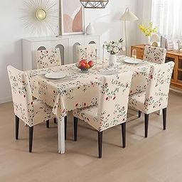 House of Quirk Polyvinyl Chloride (PVC) Dining Chair Cover With Rectangular Table Covers For Kitchen Waterproof Dining Table Cloth (Beige Tulip, 1 Rectangular Table Cover + 6 Chair Cover)-18