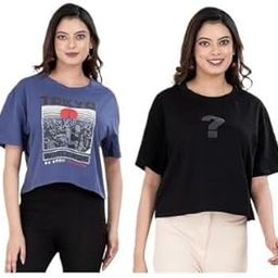 Women and Girls Oversize Fit Half Sleeve Graphic Printed Cotton Boxy Cropped Top (Pack of 2)-image-41