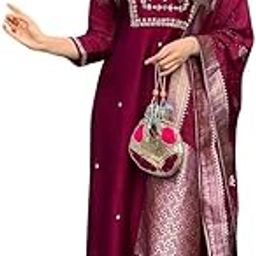 Women'S And Girls Wear Roman Silk Embroidered Work A-Line Kurta, Pant and Dupatta Set-image-75