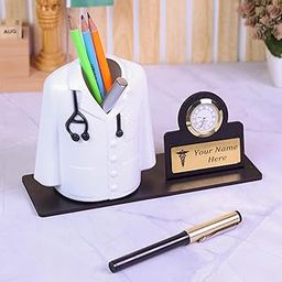 Deskart Doctor Pen Stand | Customized Desk Organizer for Doctors and Medical Aspirants with Apron/Coat Shape Pencil Holder, Clock and Personalized Name Engraved Plate (Retro)-27
