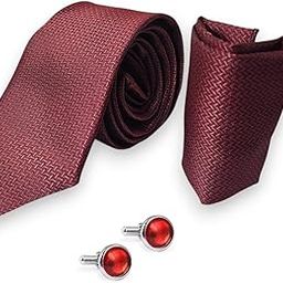 Maroon Italian Silk Tie, Pocket Square & Matching Cufflink Gift Set for Men – 2.75" Slim Necktie, 10x10 Handkerchief, Brass Cufflinks – Elegant Formal Accessories in Wooden Gift Box-image-83