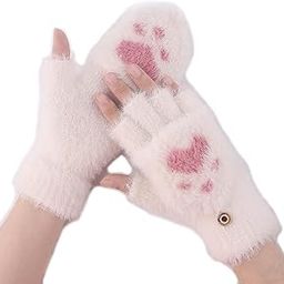 Cute Paw Fuzzy Warm Wool Convertible Fingerless Gloves cum Mittens Winter Wrist Arm Warmer Mitts Gloves for Girls & Women-image-0